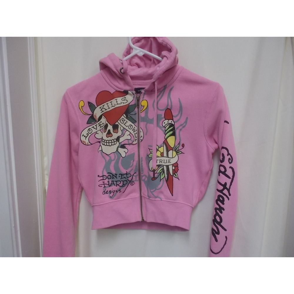 Ed Hardy Pink Cropped Zip Up Hoodie Love Kills Slowly Tiger Tattoo Graphic S